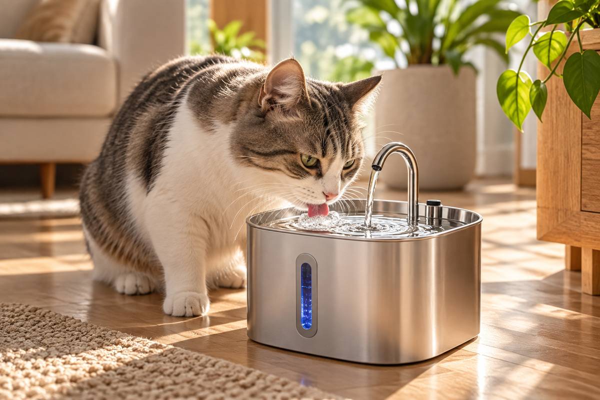 Gato bebiendo agua en movimiento