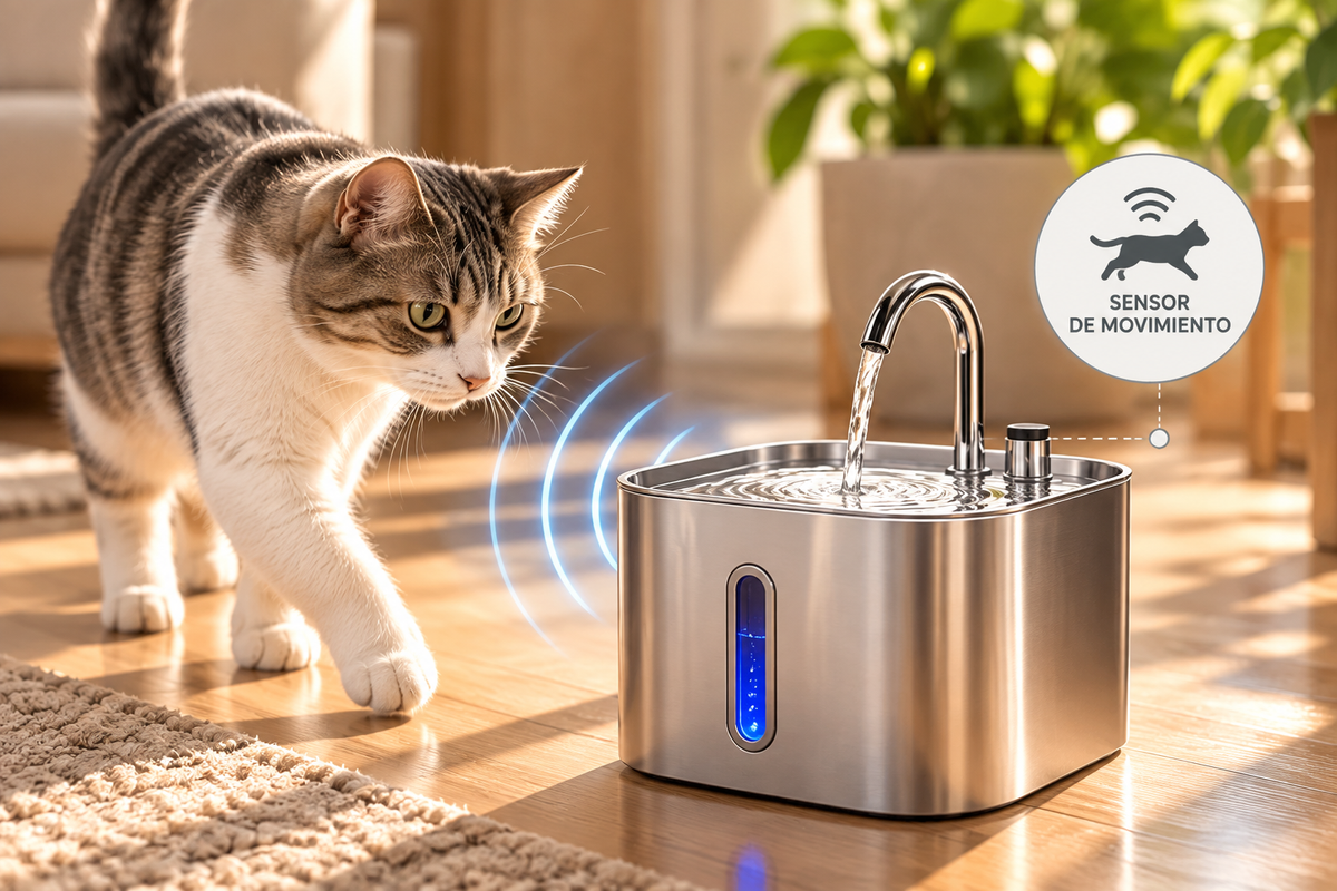 Gato acercándose a fuente con sensor
